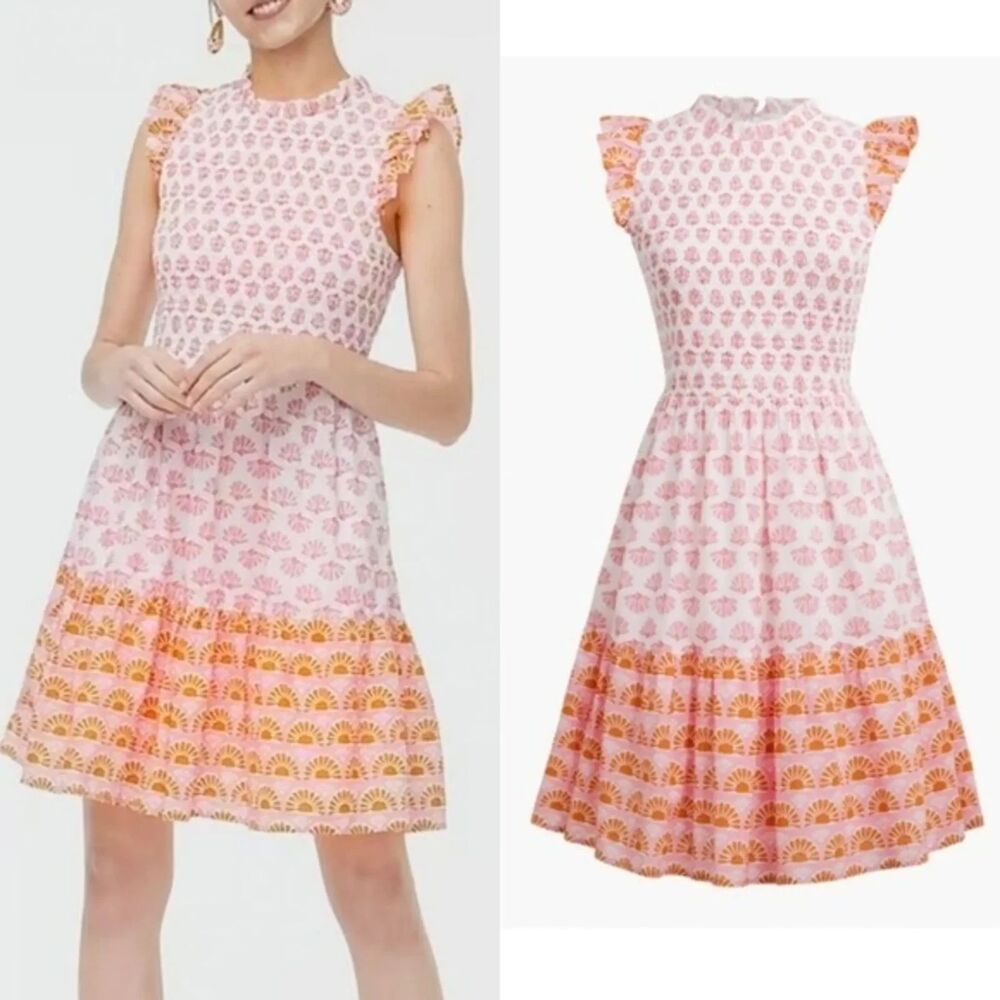 J.Crew Pink Ruffle Smocked Sun and Shell Block Print Dress - Sz M (Orig. $128)